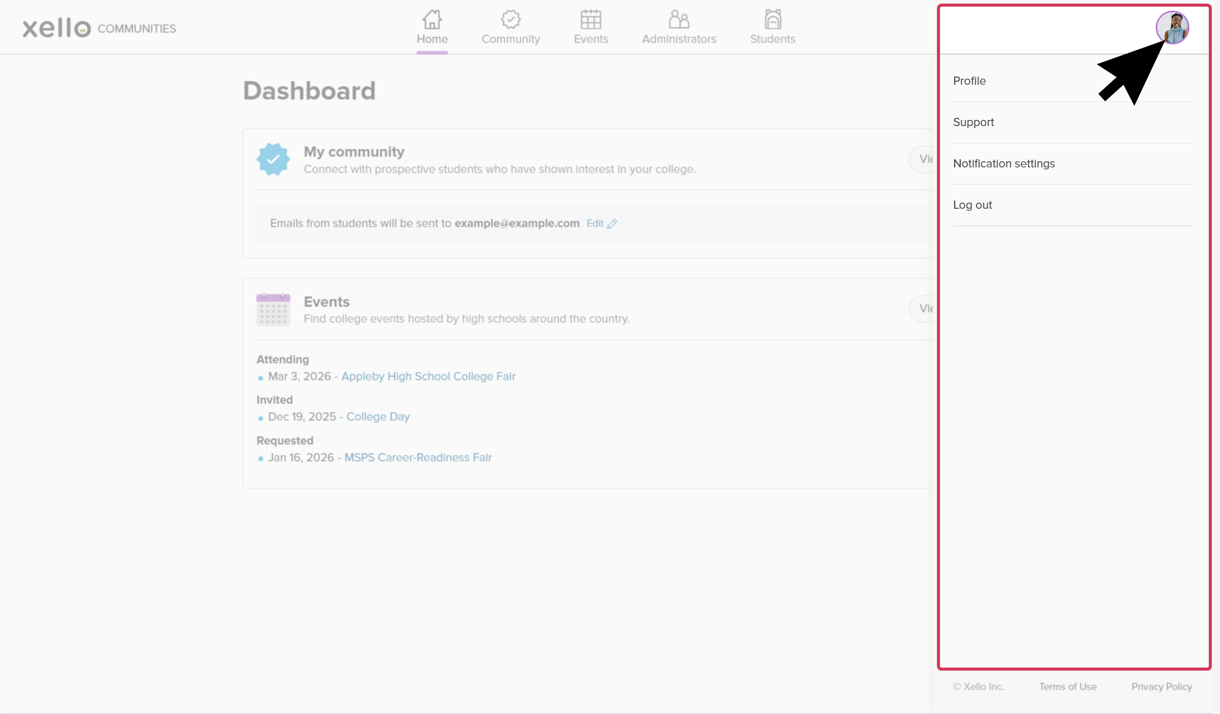 The cursor is clicking the avatar. The avatar menu is open with the option to select Profile, Support, Notification settings, and Log out.